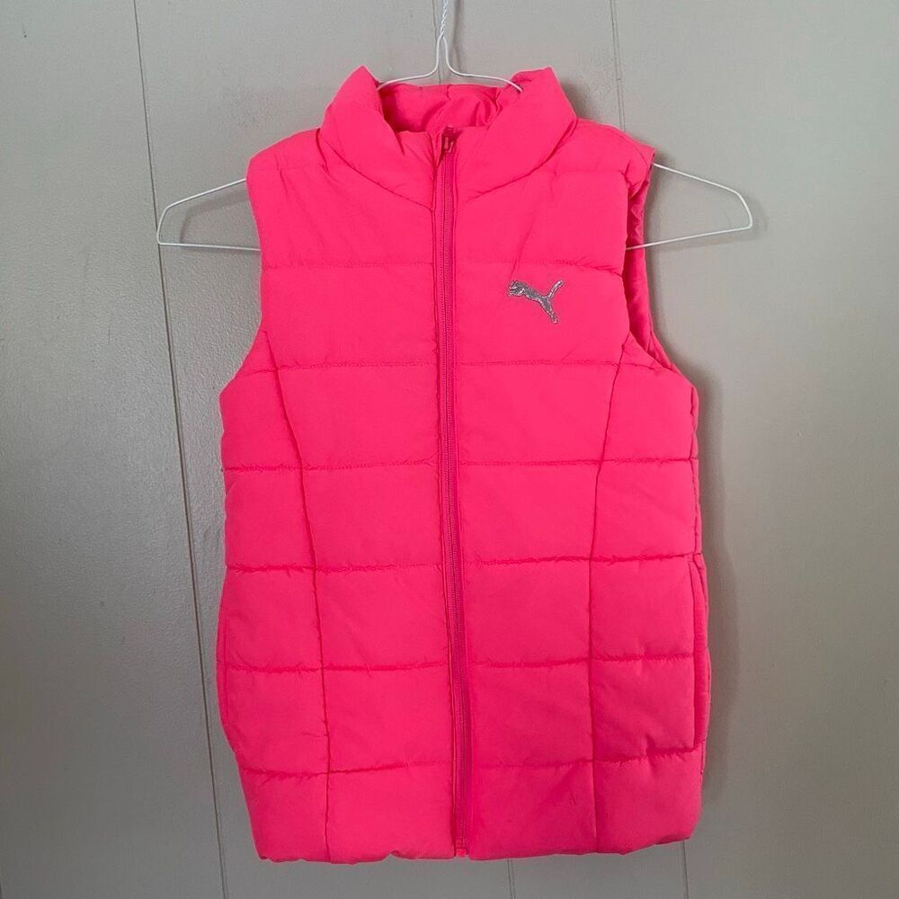 Puma Girls Pink Puffer Vest Size S 7/8 Quilted Zip Up Winter Outerwear